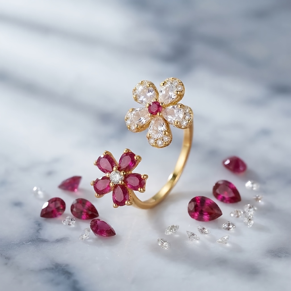 Women's Two-tone Flower CZ Adjustable Open Ring, Elegant Gift