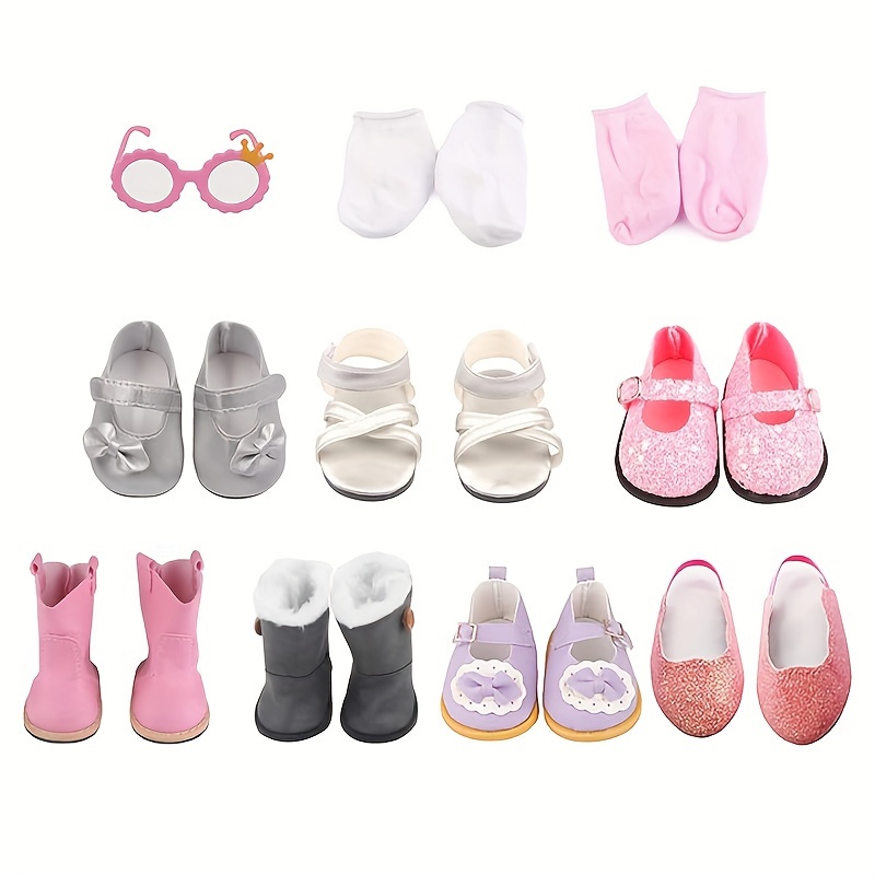 

Doll Shoes For 18 Inches Dolls, 19 Pcs 18 Inches Doll Accessories Include 7 Pairs Of Cute Shoes, 2 Pairs Of Socks, Glasses, Doll Gray Snow Boots, Pink Boots, Sandals, Sequin Shoes, Bow Shoes