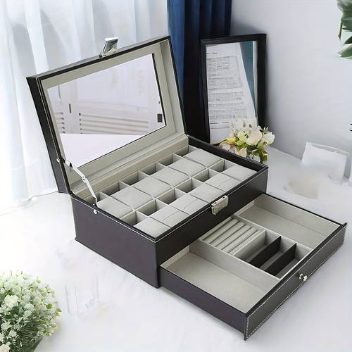 a 12 compartment faux leather watch storage box that locks suitable for mens and womens jewelry featuring drawers and a two tier design with a glass top for displaying watches and glasses