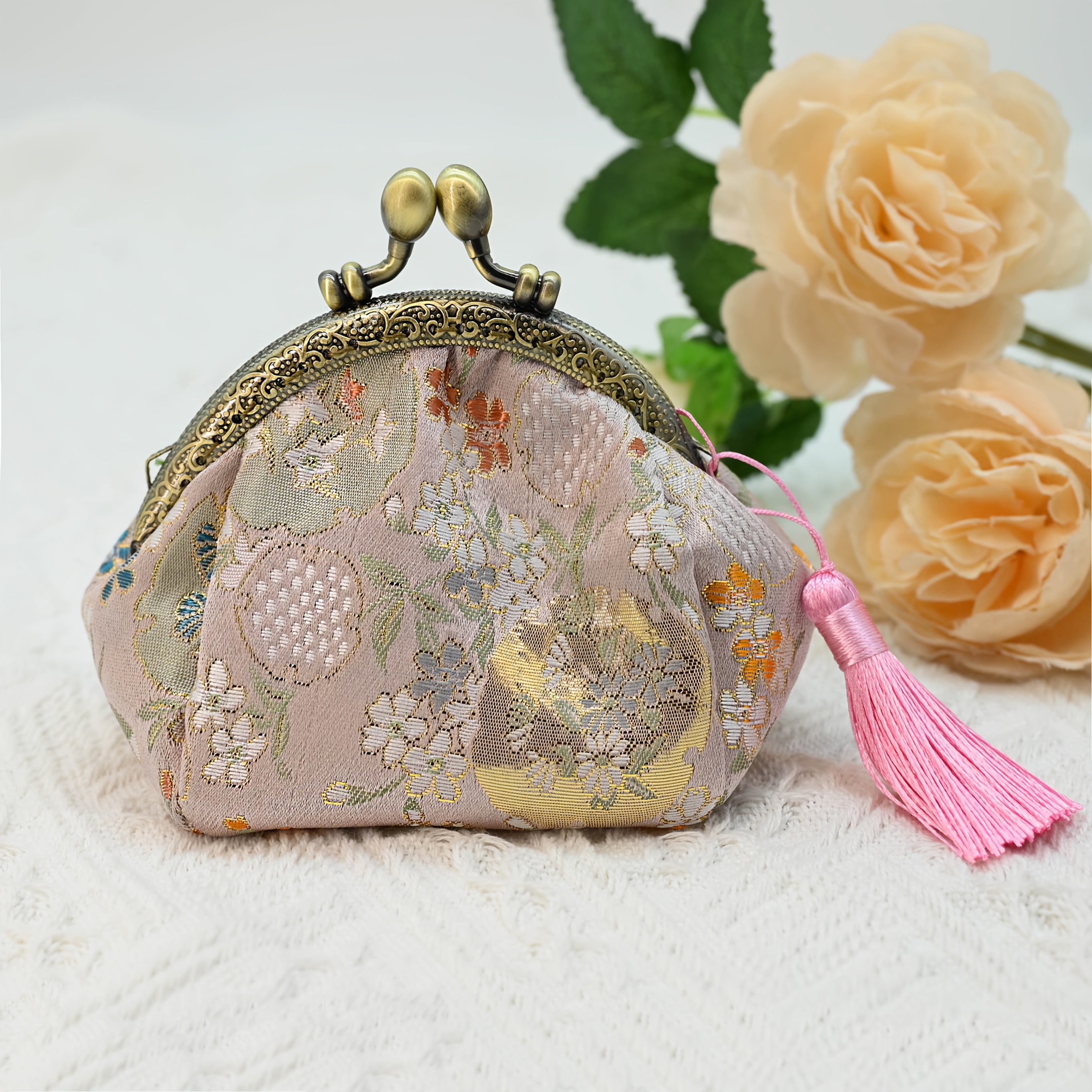 Mini Vintage Floral Pattern Clutch, Kiss Lock Handbag, Lightweight Women's Wallet