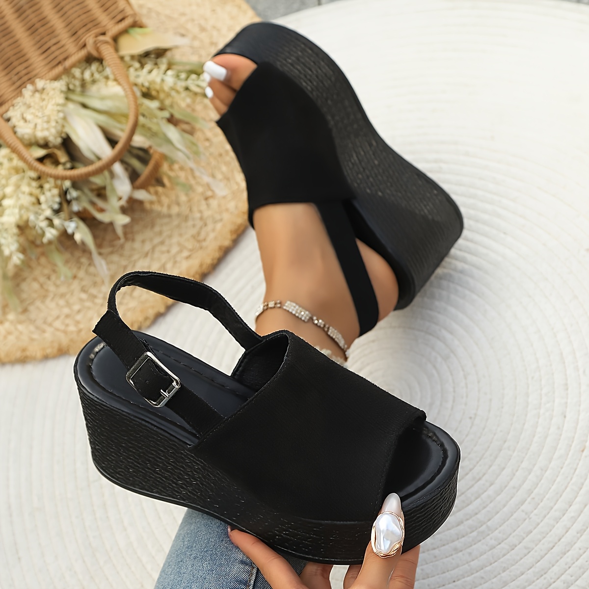 TEMU 2026 New Women's Strap Adjustable Elastic Wedge Heel Platform Sandals, Versatile And Fashionable, Women Shoes