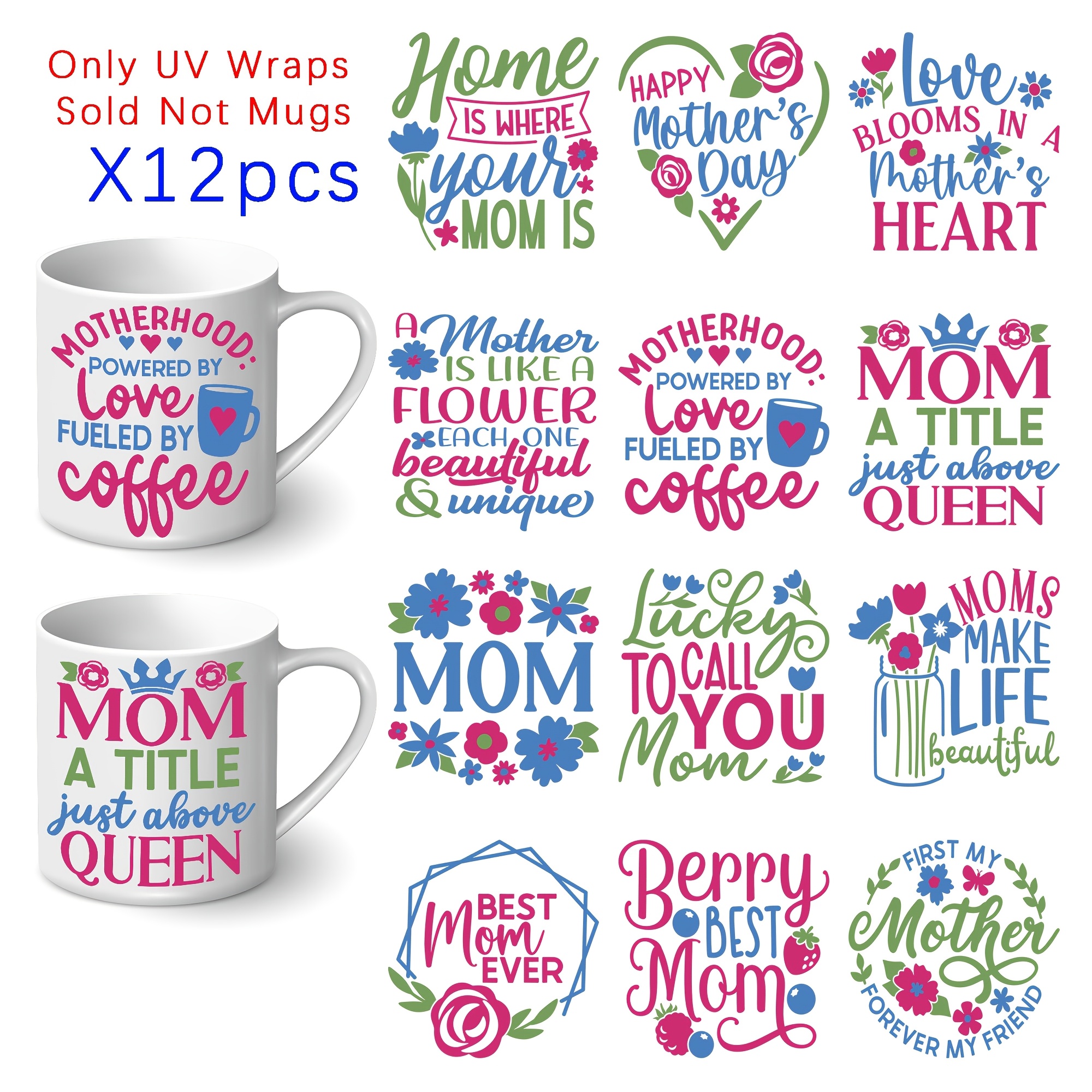 

12pcs Waterproof Mom Quotes Uv Dtf Plastic Cup Stickers - Decorative Stickers For Mugs, Bottles, Arts & Crafts, Diy Projects, & Reusable