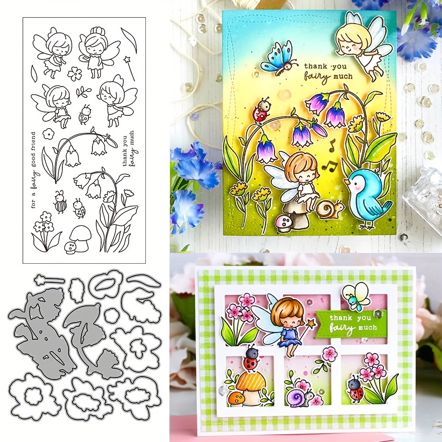 1 set   spring flower fairy series transparent silicone stamps and metal cutting dies rectangular white ideal for scrapbooking card making and crafts featuring whimsical fairies flowers and nature   miniature fairy garden accessories