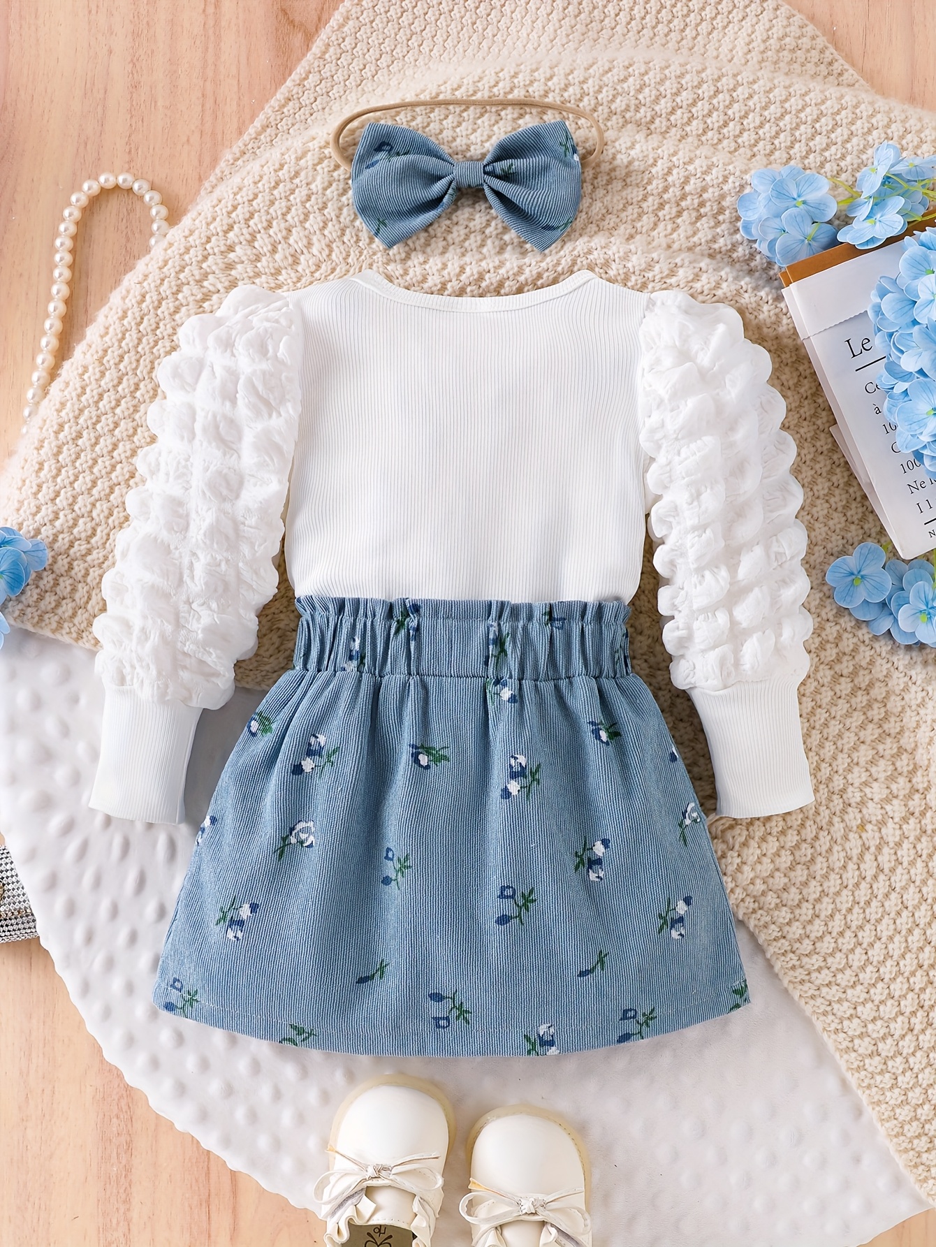 3pcs girls floral print long sleeve t shirt skirt set with bow detail soft stretchy fabric button     hem     casual playwear for outdoor Product details 0