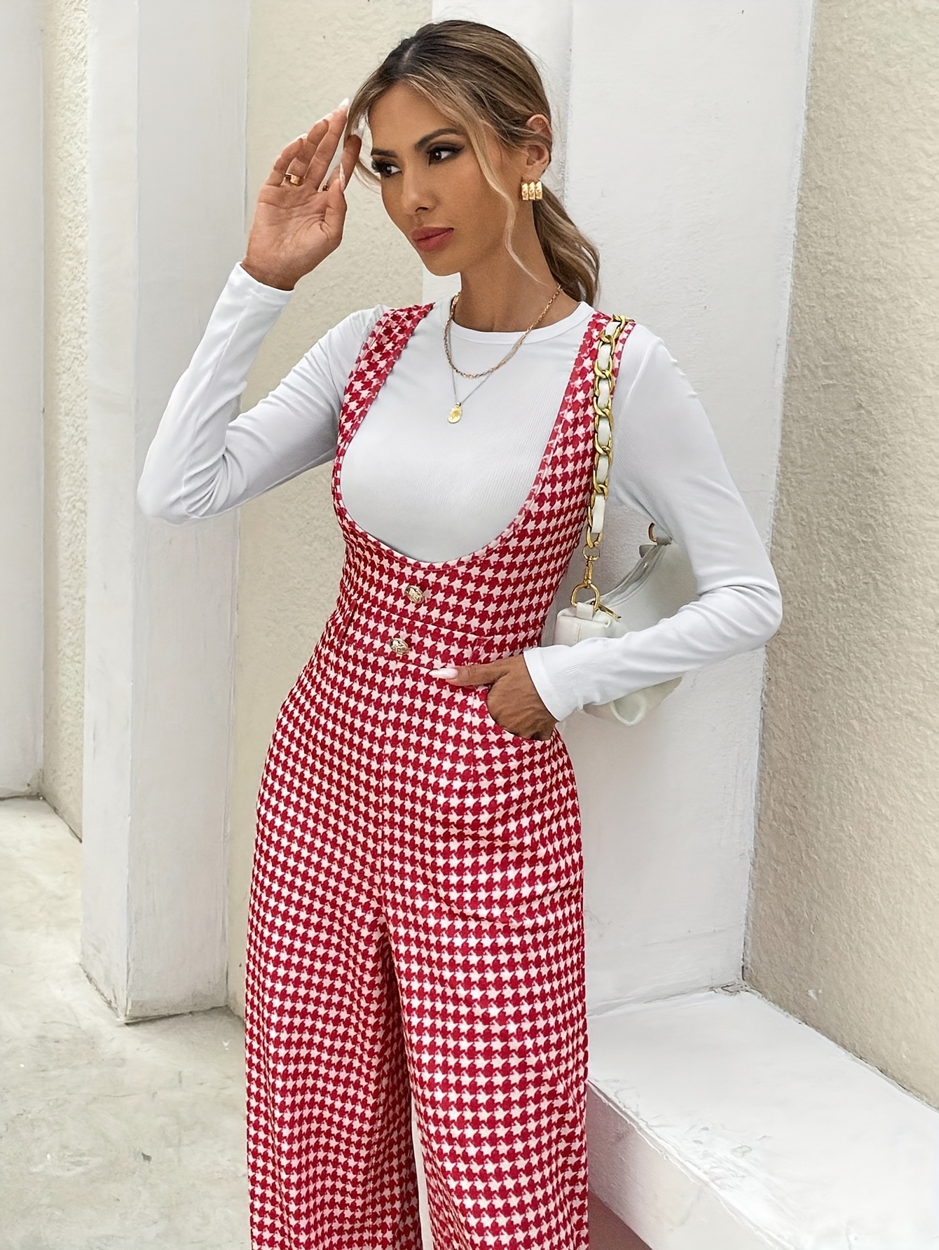 womens red white elegant jumpsuit side pockets machine Temu