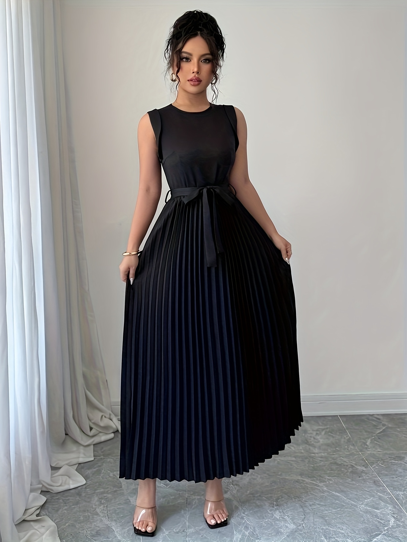 womens elegant black pleated maxi dress belt sleeveless Temu Bahrain