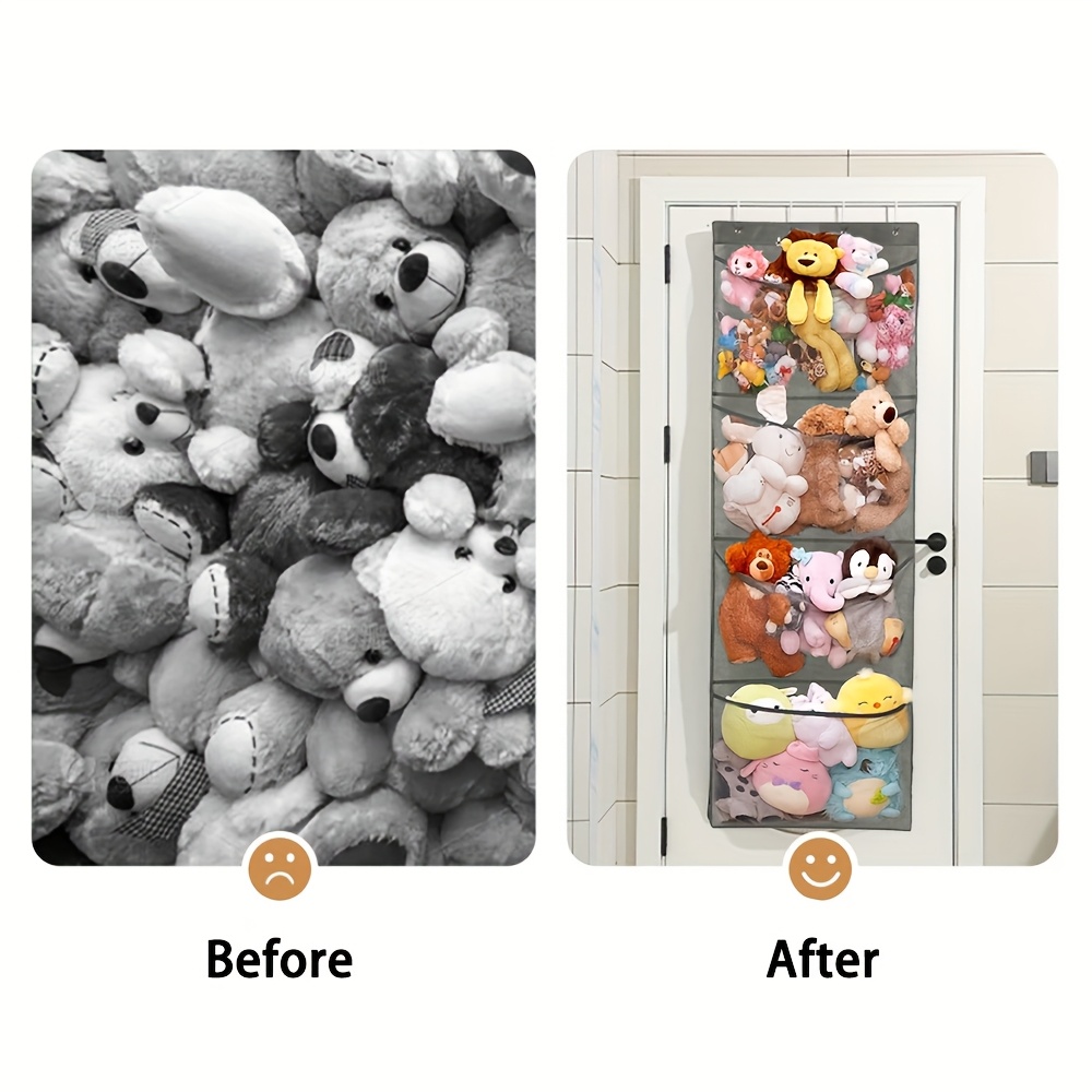 1 pack large mesh over door hanging storage with 4 large pockets hooks foldable door mounted shelf suitable for room playroom closet space saving door shelf for stuffed animals clothes Product details 2