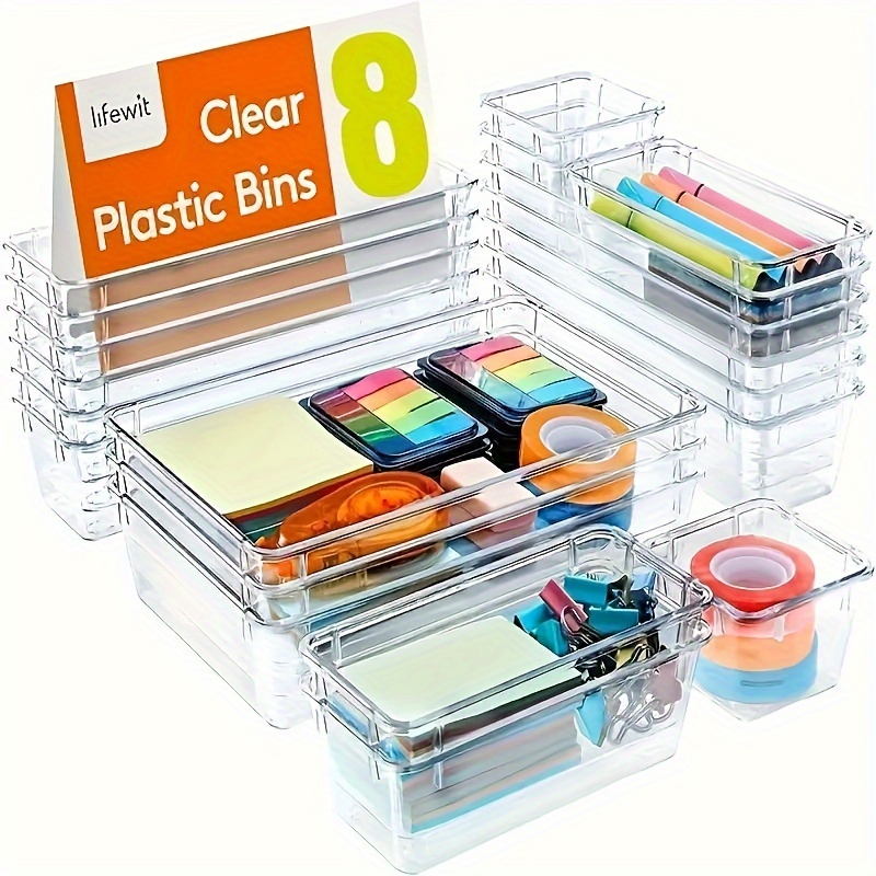 TEMU 8pcs Drawer Organizer Set - Transparent Pet Storage Boxes For Office Supplies, Markers, Cosmetics & Desk Clutter