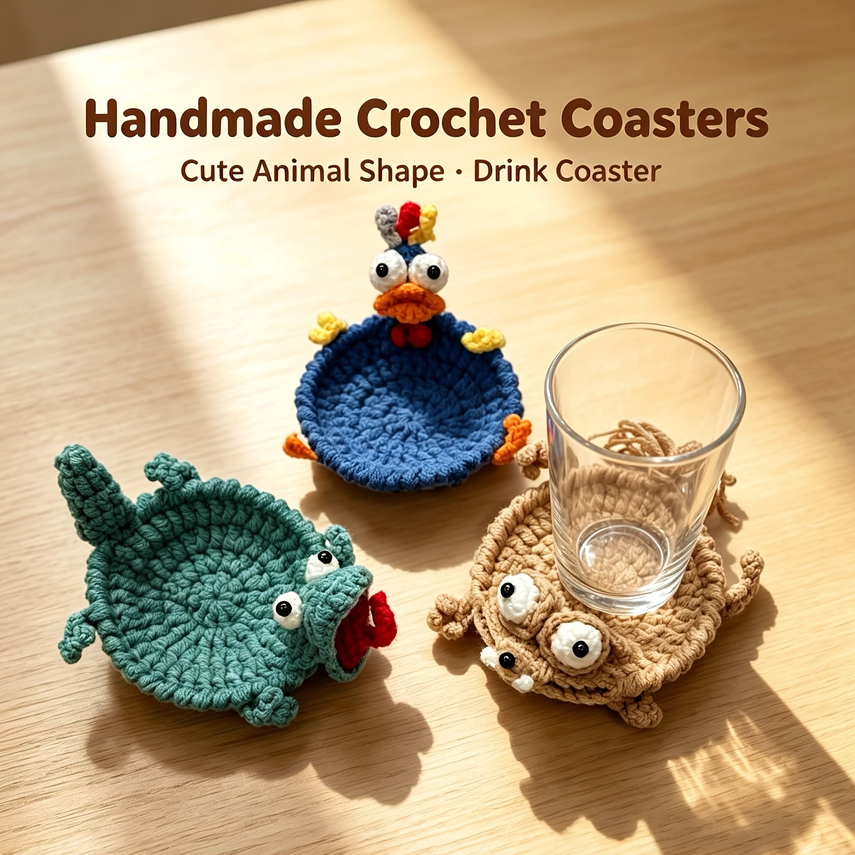 TEMU 3pcs Set Hand-crocheted Cartoon Animal Heat-insulating Coasters, Creative Ugly-cute Crocodile, Chicken, And Squirrel Knitted Tea Cup Holders,