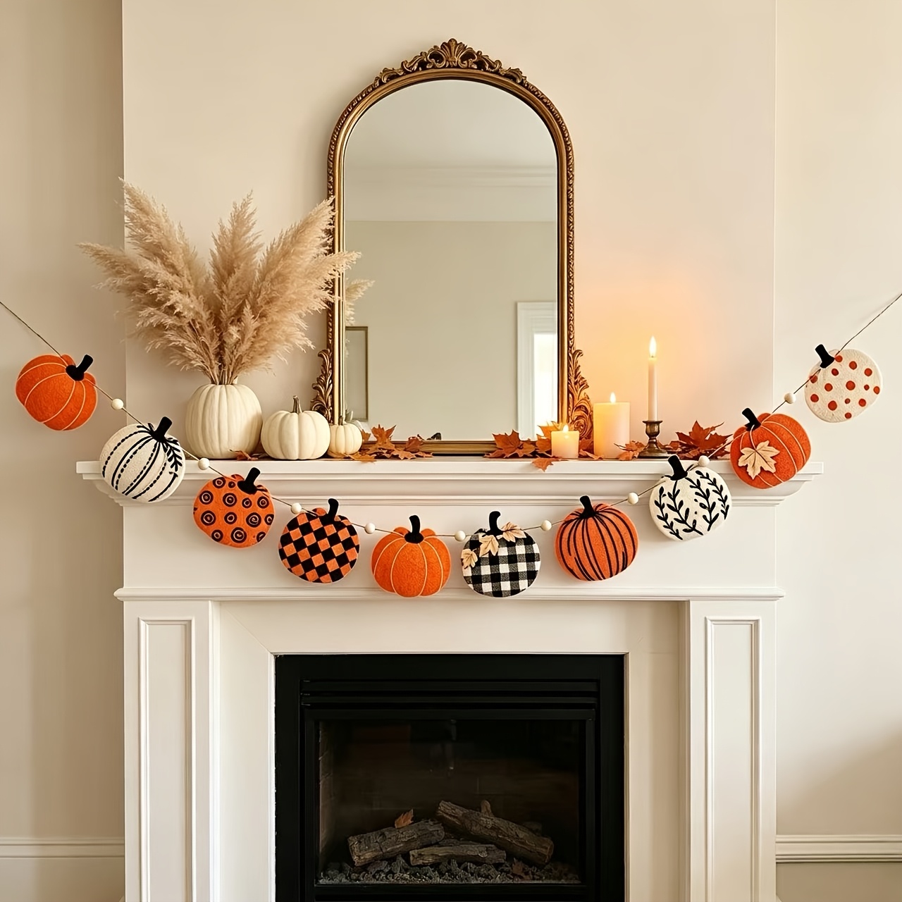 item picture Fall Pumpkin Felt Banner, Pre-Assembled Farmhouse Pumpkin Banner Autumn Harvest Decorations for Fireplace Mantel, Wall, Thanksgiving Home Indoor Party Suppliesfor Christmas and HALLOWEEN
