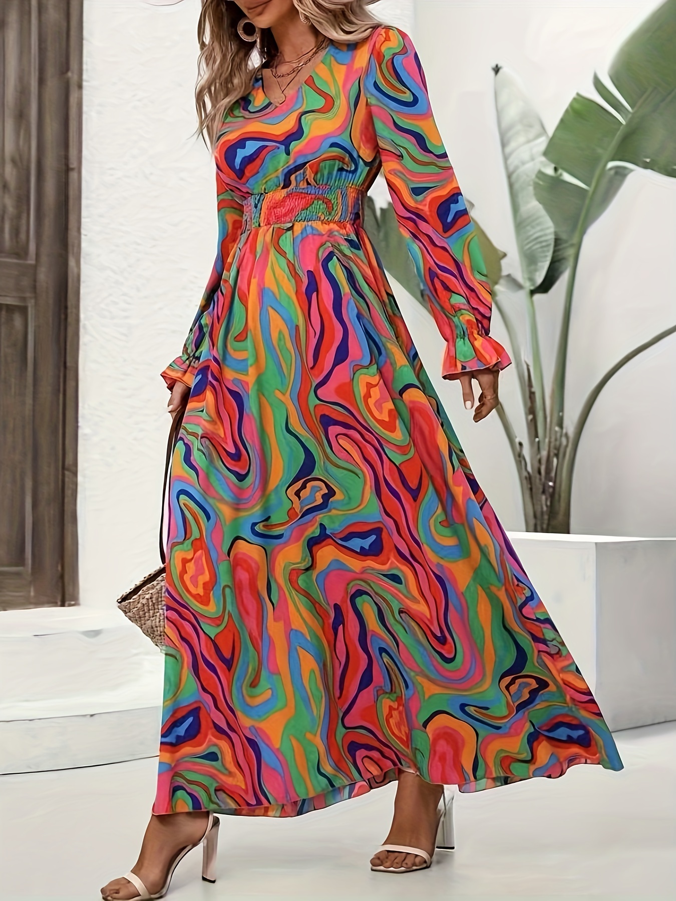 allover print shirred waist a line dress casual v neck long - Temu