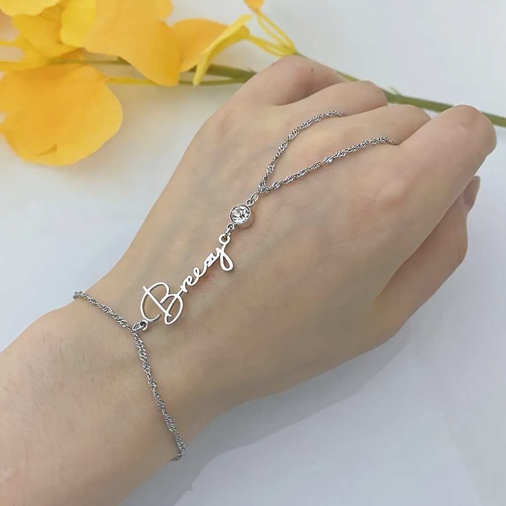 TEMU Custom Name Bracelet, Personalized White Birthstone Finger Ring Bracelet, Stainless Steel Plaque Hand Chain, Gift For Her, Fashion Jewelry, For