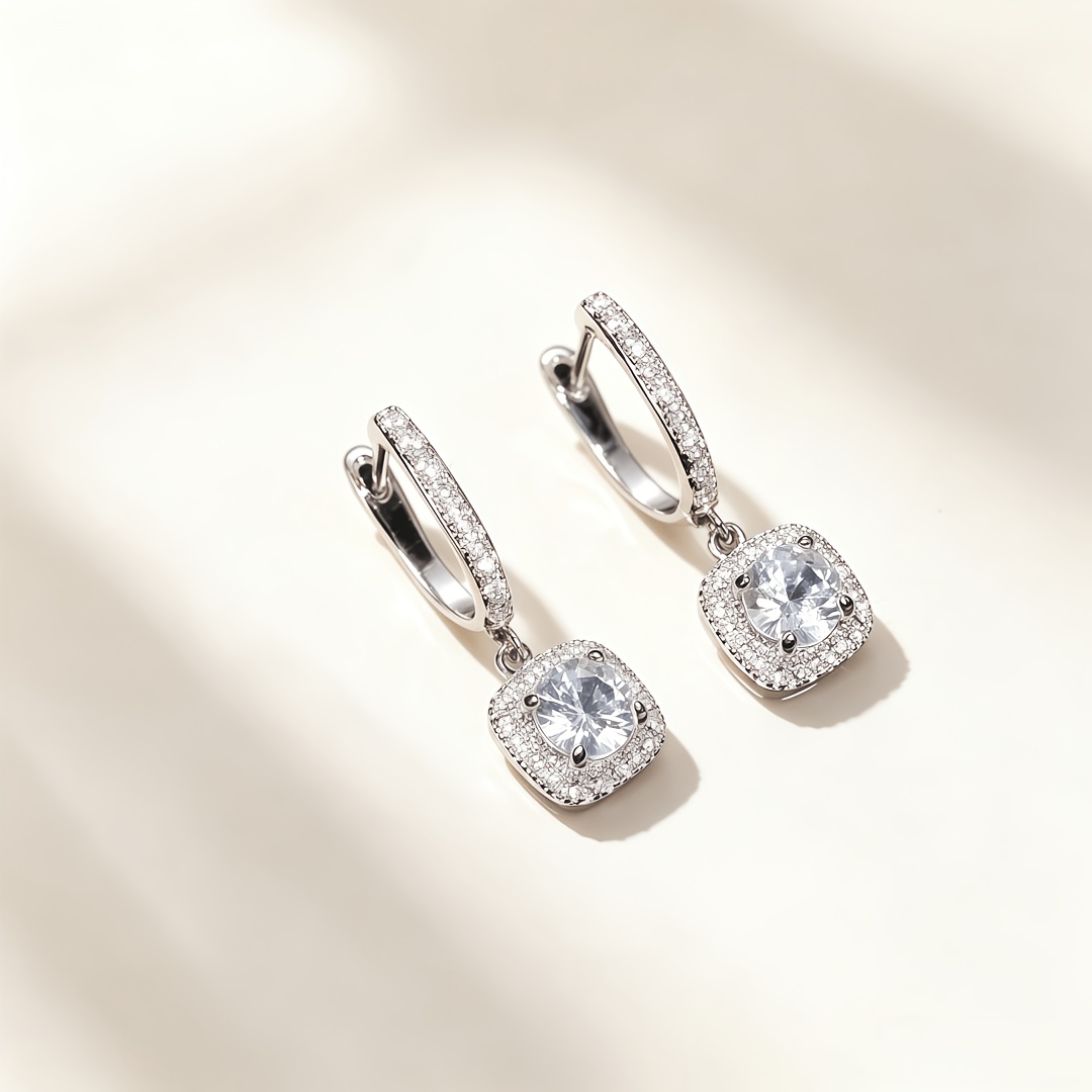 TEMU A Pair Of Square-cut Synthetic Cubic Zirconiaia Halo Stud Earrings For Women, Full-synthetic Cubic Zirconiaia Hoop Drop Earrings, Light Luxury