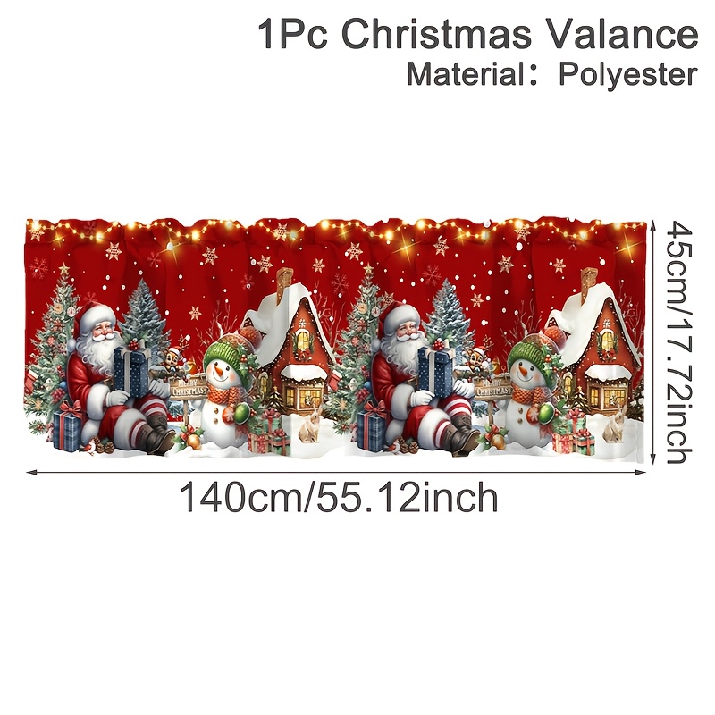 Image of 1pc 1pcs Rustic Christmas Valance Curtain Suitable For - Vintage Santa & Snowman Short Window Valances With Rod Pocket, Kitchen/bathroom/bedroom Curtain, Filtering Panel, Christmas Decor