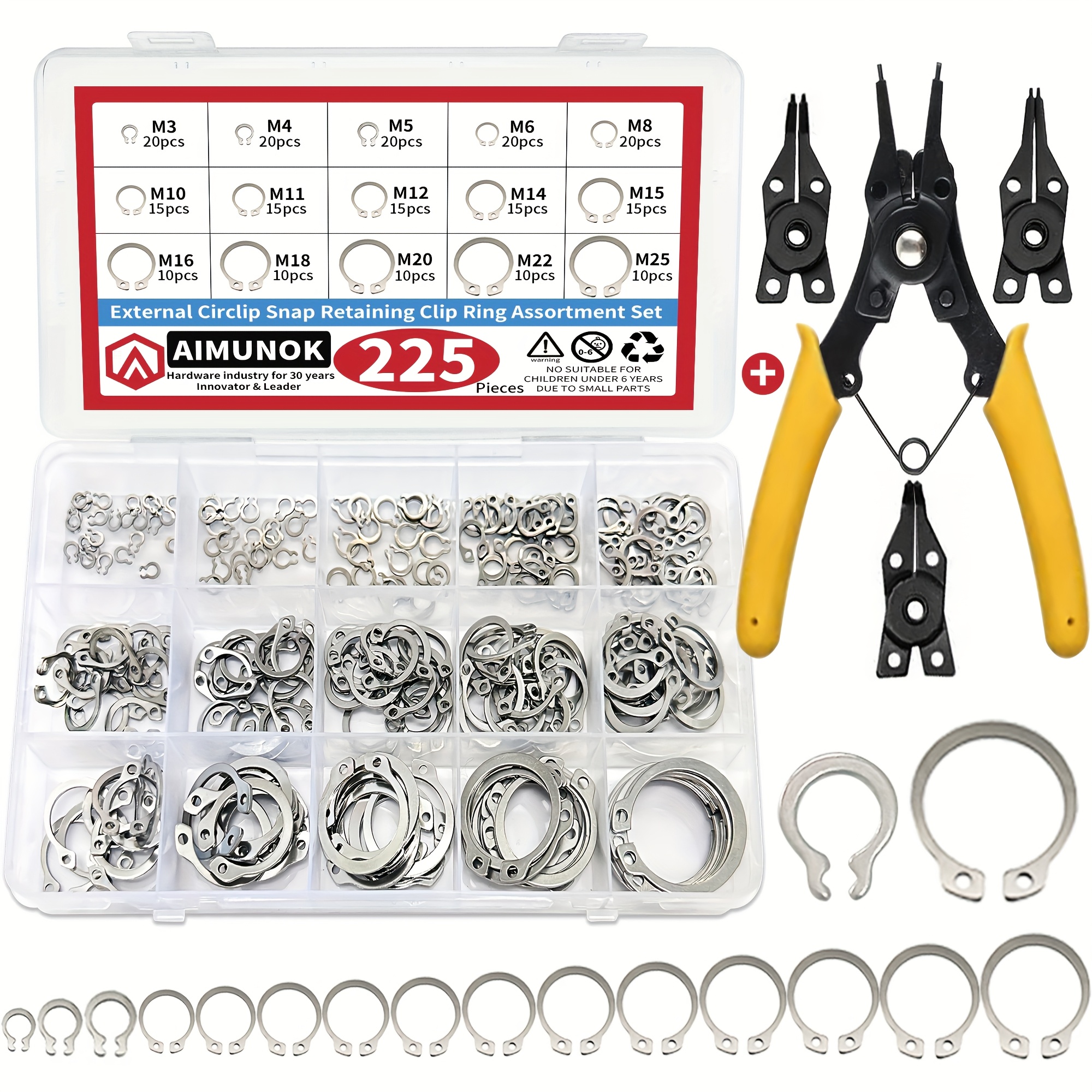 Image of 225pcs 4-in-1 Snap Ring Pliers With External Retaining Rings Snap Rings Assortment Kit External Circlip Snap External Retaining C-clips Rings Set, 15 Sizes