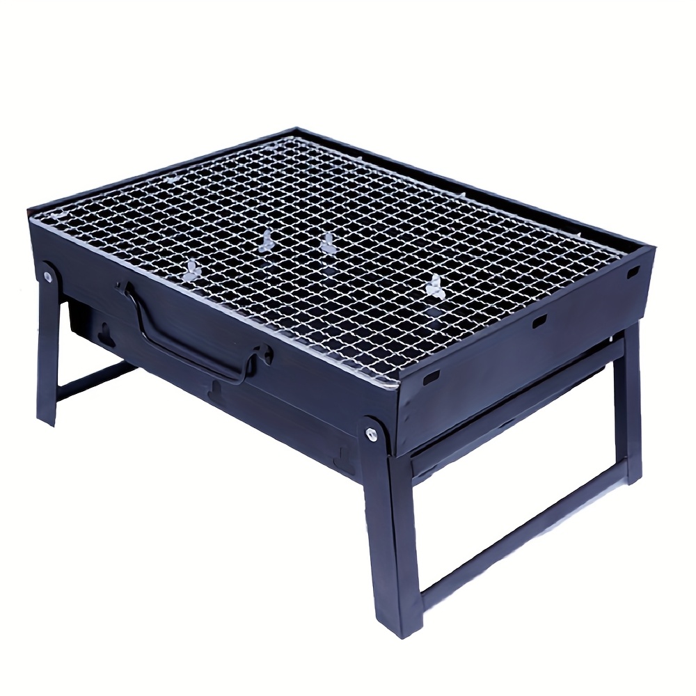 Image of Portable Folding Black Steel Grill - Compact Outdoor Stove With Handles For Camping, Picnics & Backyard Cookouts, Polished Iron Finish, & Transport, Camping Stove
