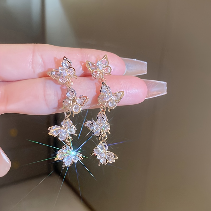 

A Pair Of Zircon Butterfly Tassel Earrings With Korean Design, Fashionable And Luxurious Style Earrings For Women