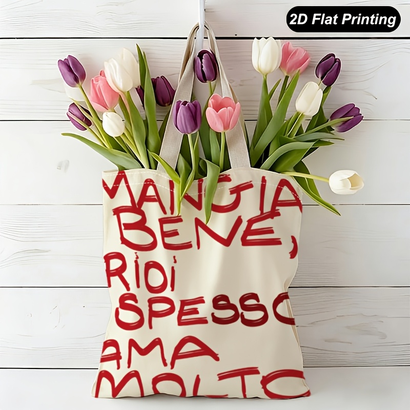 TEMU 1pc 2d Flat Printing Italian Quote Canvas Handbag, Versatile Double-sided Printed Handbag Storage Bag For Daily Shopping, Travel, School, Beach,