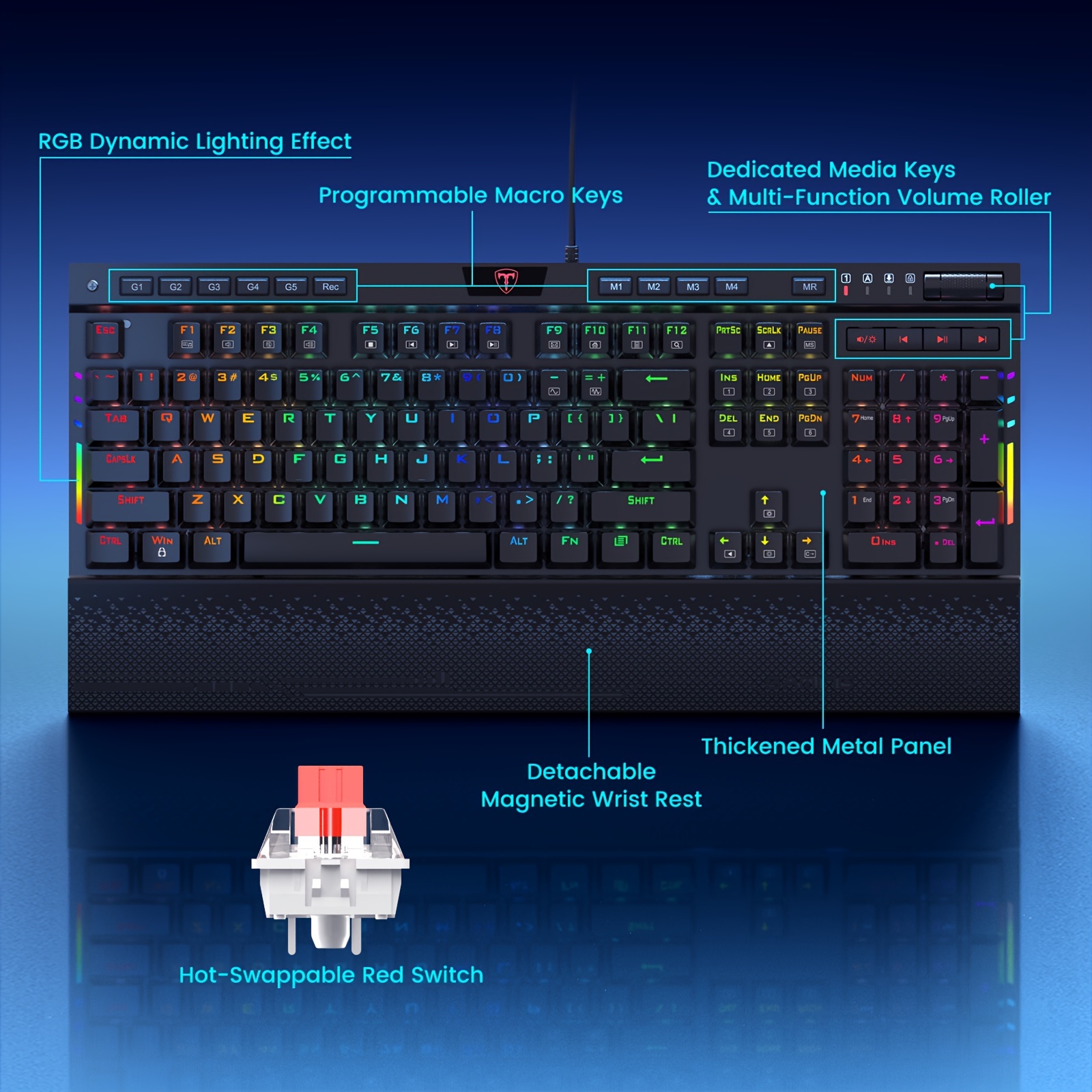 

Pro Rgb Mechanical Gaming Keyboard, Per-key Rgb Illumination, Macro Keys & Dedicated Media Controls, Detachable Wrist Rest, Aluminum Frame, Hot Swappable Linear Red Switches Wired Keyboard