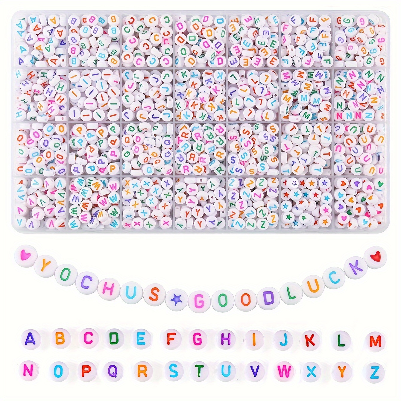 

840pcs Perles Acryliques Colorées de l'Alphabet 4x7mm - Lettres A-Z & Motifs Cœurs pour la Création de Bijoux et Bracelets DIY.