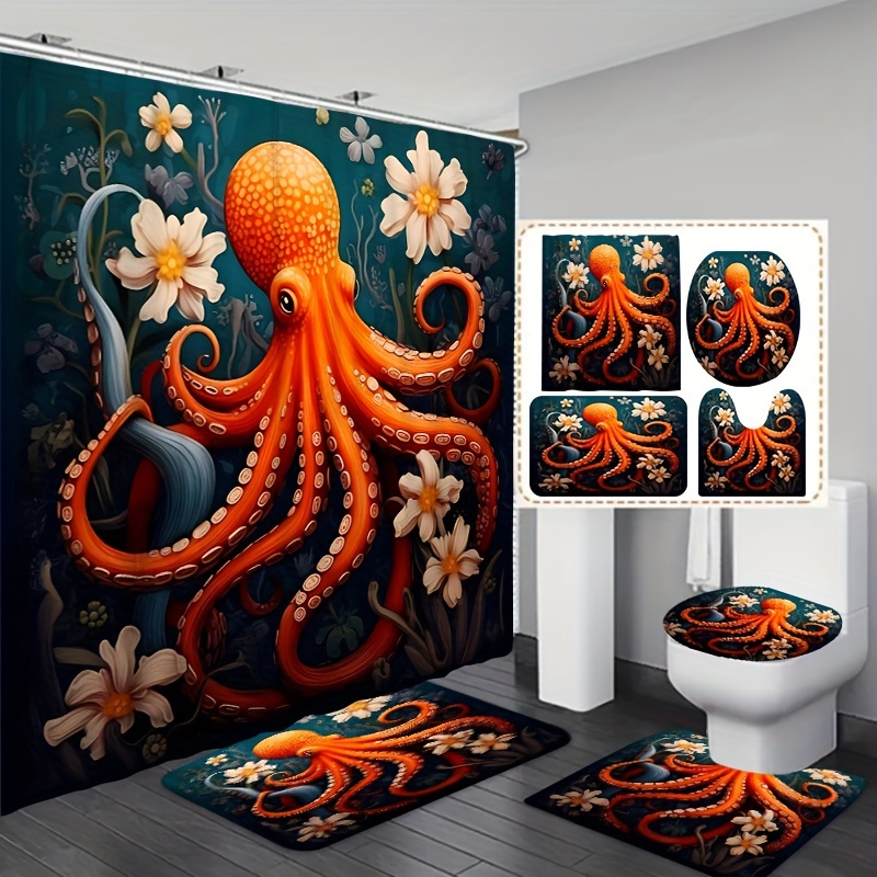 

1/3/4pcs Shower Curtain Set, Waterproof Bathroom Curtain With Free Hooks, Non-slip Rug, Toilet Lid Mat And Bath Mat, Bathroom Accessories