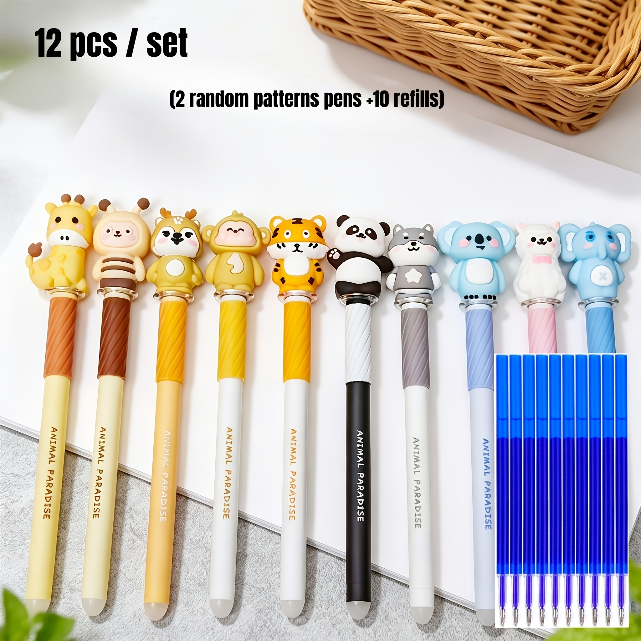 TEMU Lot de 12 pièces : 2 stylos aléatoires + 10 recharges bleues, stylos effaçables sur le thème des animaux de dessin , pointe 0,7 mm, encre bleue