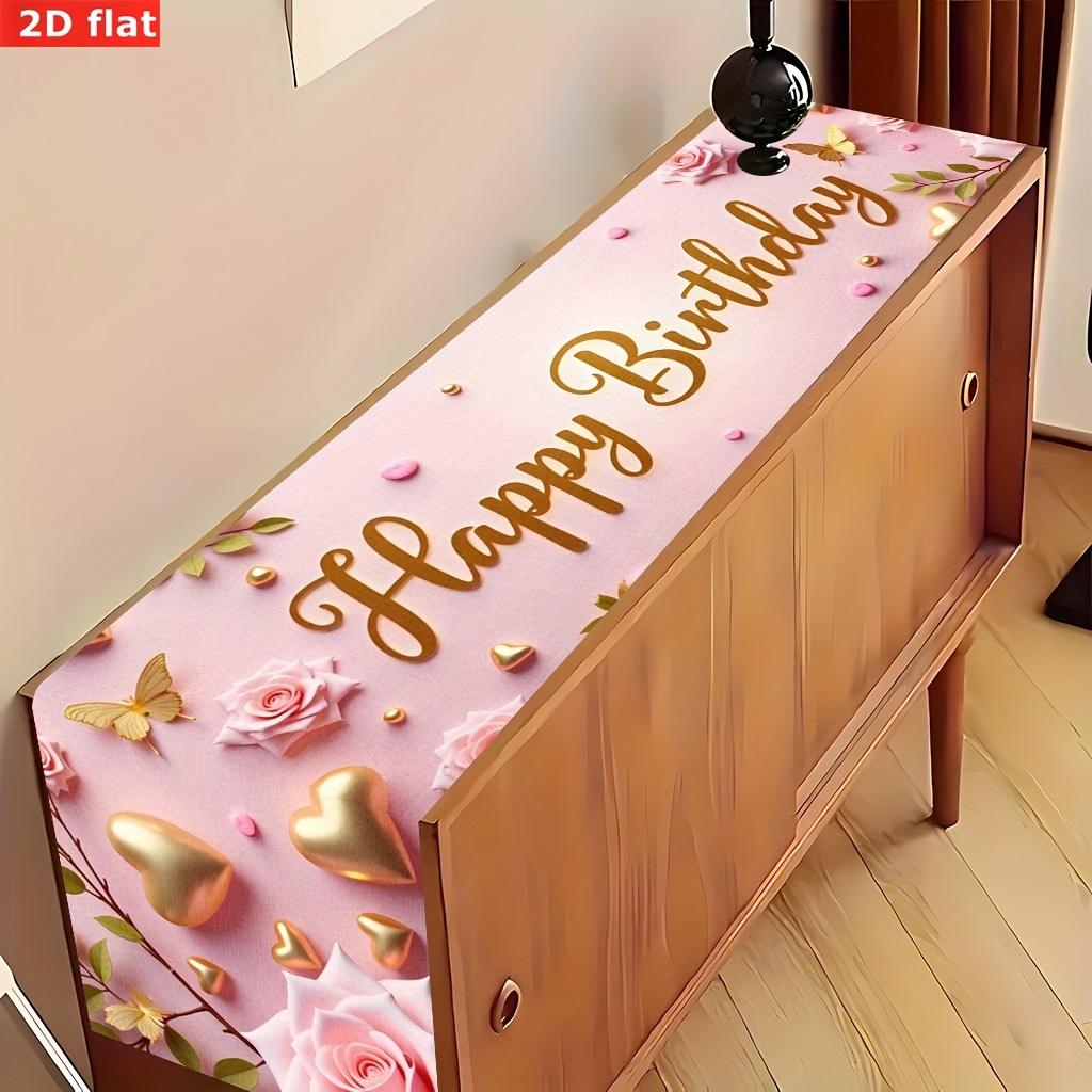 E-shop 2D-Flach ., Alles Gute zum Geburtstag Banner mit rosa Rosen goldenen Herzen1, romantischer bedruckter kreativer Tischläufer, rechteckige schöne