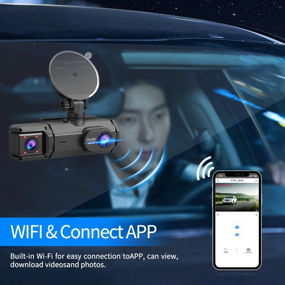 Cámara DASH para Coche, Gratis 32GB 1080P Full HD WIFI Cámara de Coche, Grabación de 2 Canales, Cámara Frontal Interior y Trasera, Pantalla IPS de 8.03 cm, Ángulo Amplio de 170°, WDR, Visión Nocturna, Modo de Estacionamiento 24H, Wi-Fi Integrado