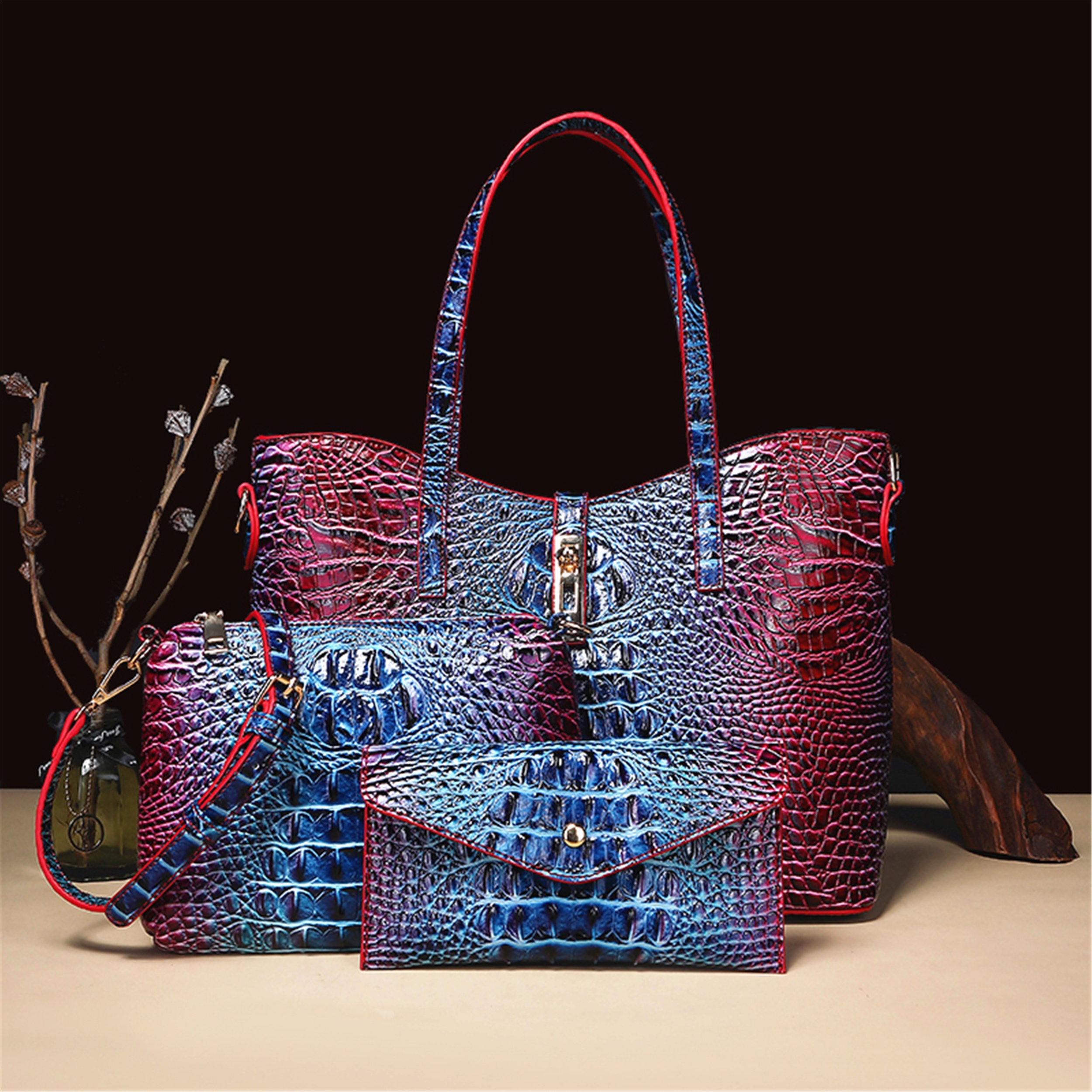 3-Piece Crocodile Print Handbag Set - Fashionable Vintage Style, Multi-Functional Top Handle Crossbody, Business Clutch & Coin Purse - Spacious, Secure, Ideal For Everyday Chic