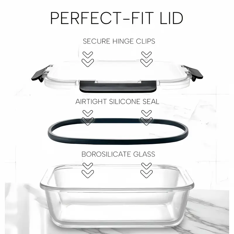 1pc transparent lid rectangular 1040ml with sealed lid high borosilicate thickened glass food storage container leak proof microwave oven and freezer safe built in silicone ring with four sided locking double sealing airtight lid stackable reusable no electricity integrated design easy to clean dead use suitable for home and travel takeaway lunch box Product details 2