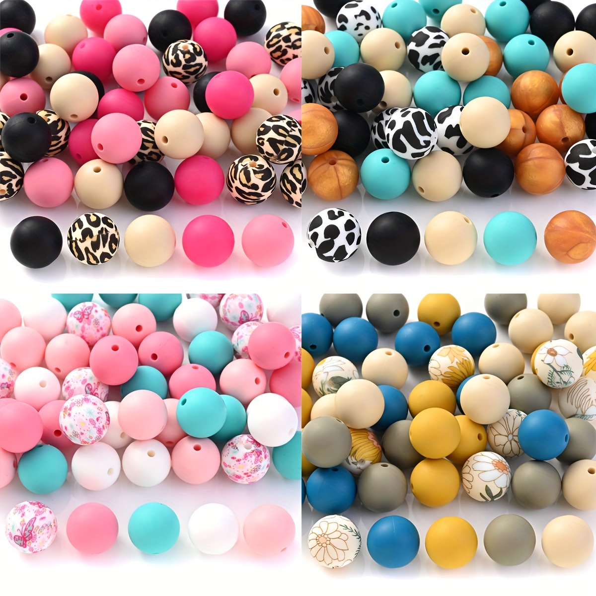 

50pcs 15mm Assorted Silicone Leopard Print & Floral Pattern, Round Loose Beads Set For Diy Jewelry Making Handcrafted Necklace, Bracelet, Keychain & Bag Accessories