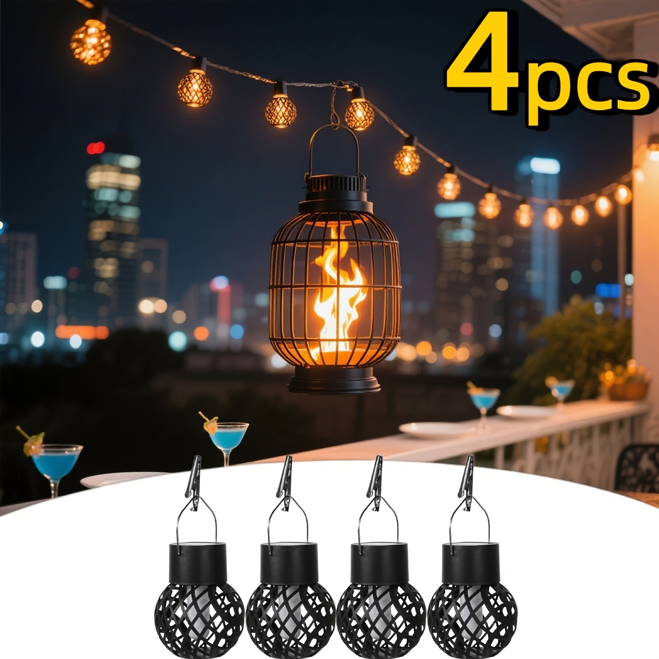 E-shop Set mit 4 Solar-Hängeleuchten mit flackerndem Flammen-Design, für Gartenlaternen, Terrassen, Bäume, Camping, Weihnachten und festliche