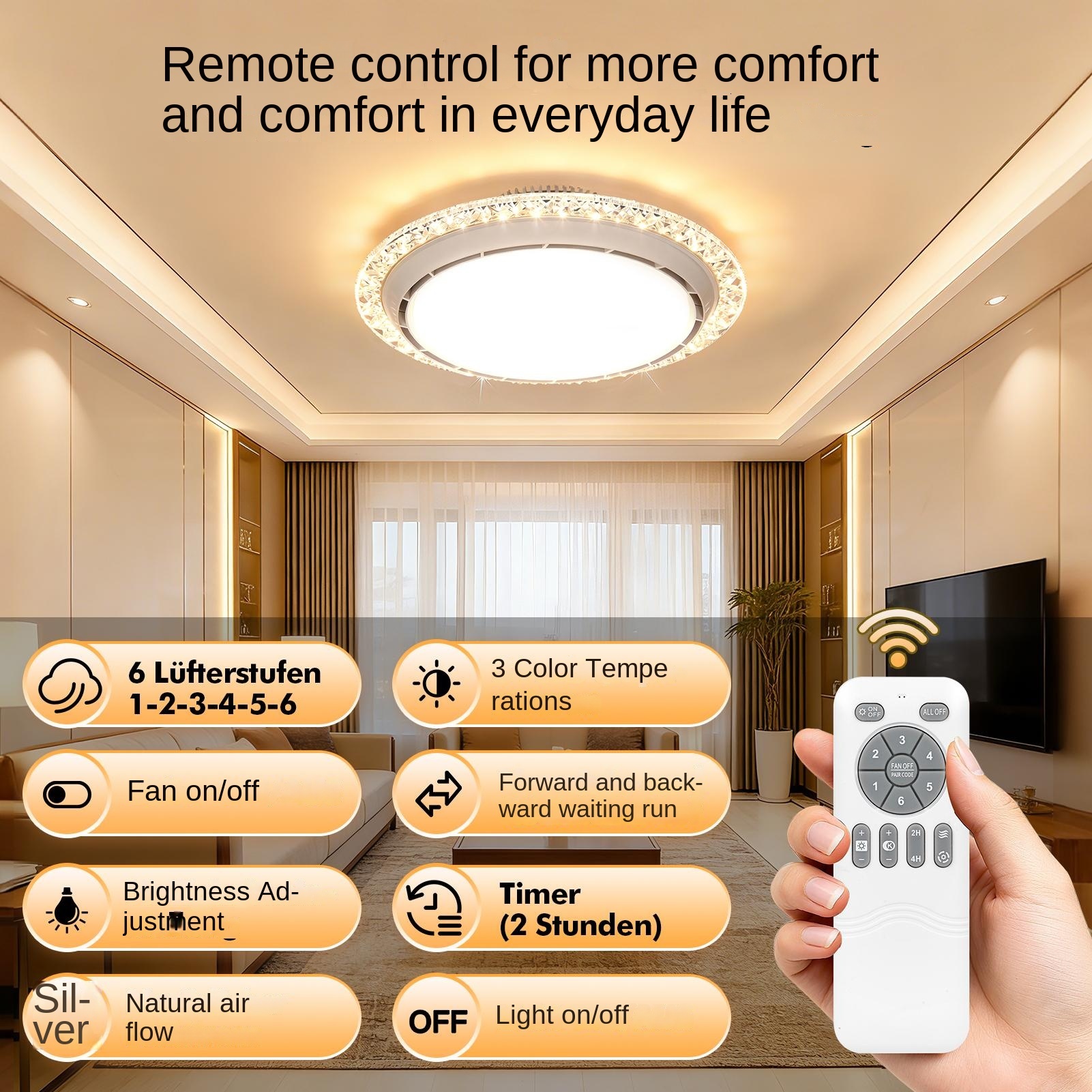 Crystal Shade Bladeless Fan Ceiling Light with Adjustable Color Temperature