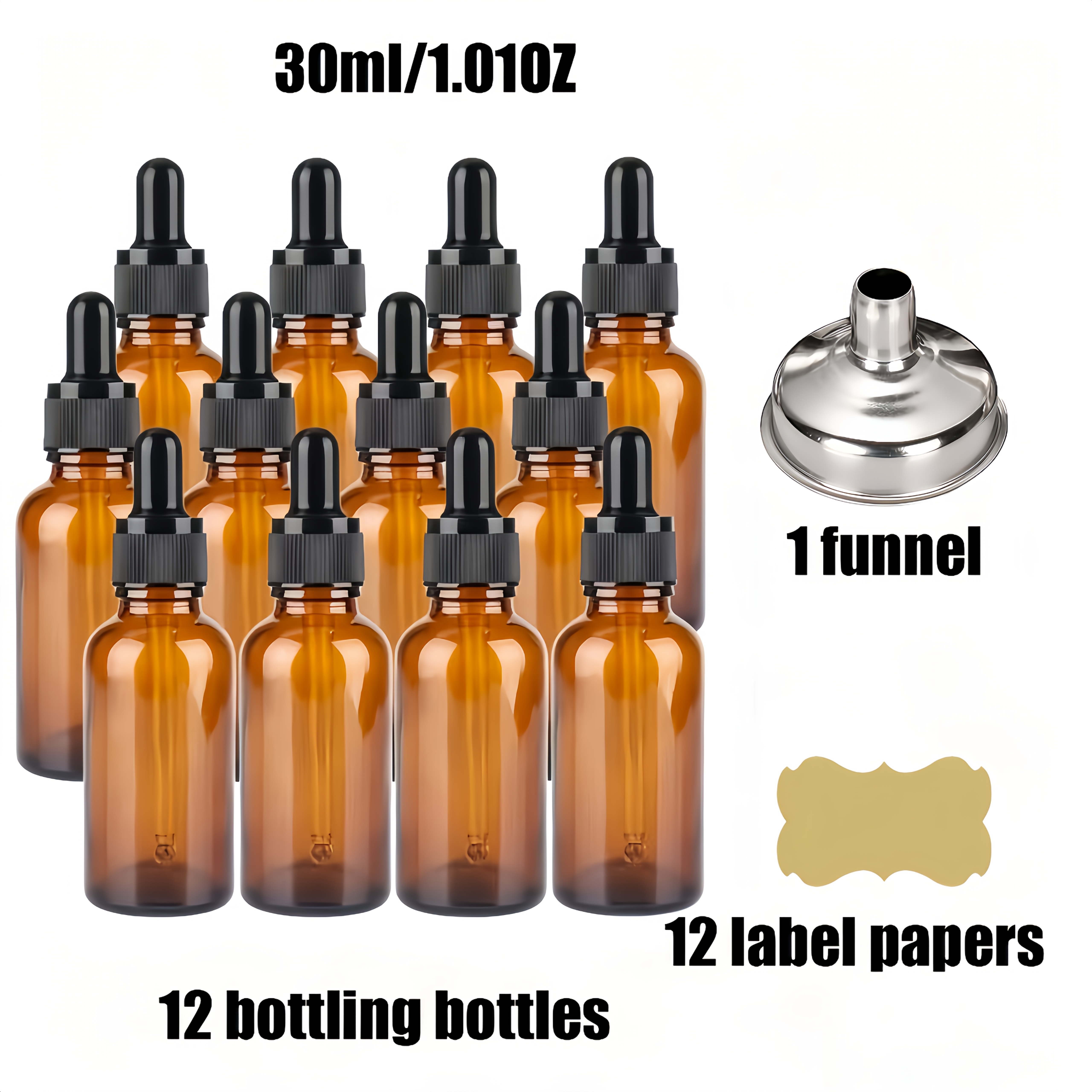 TEMU 12 stuks/6 stuks Amberkleurige glazen flessen met roestvrijstalen trechter en etiketten, 10 ml/30 ml/50 ml essentiële olie druppelflesjes, 10