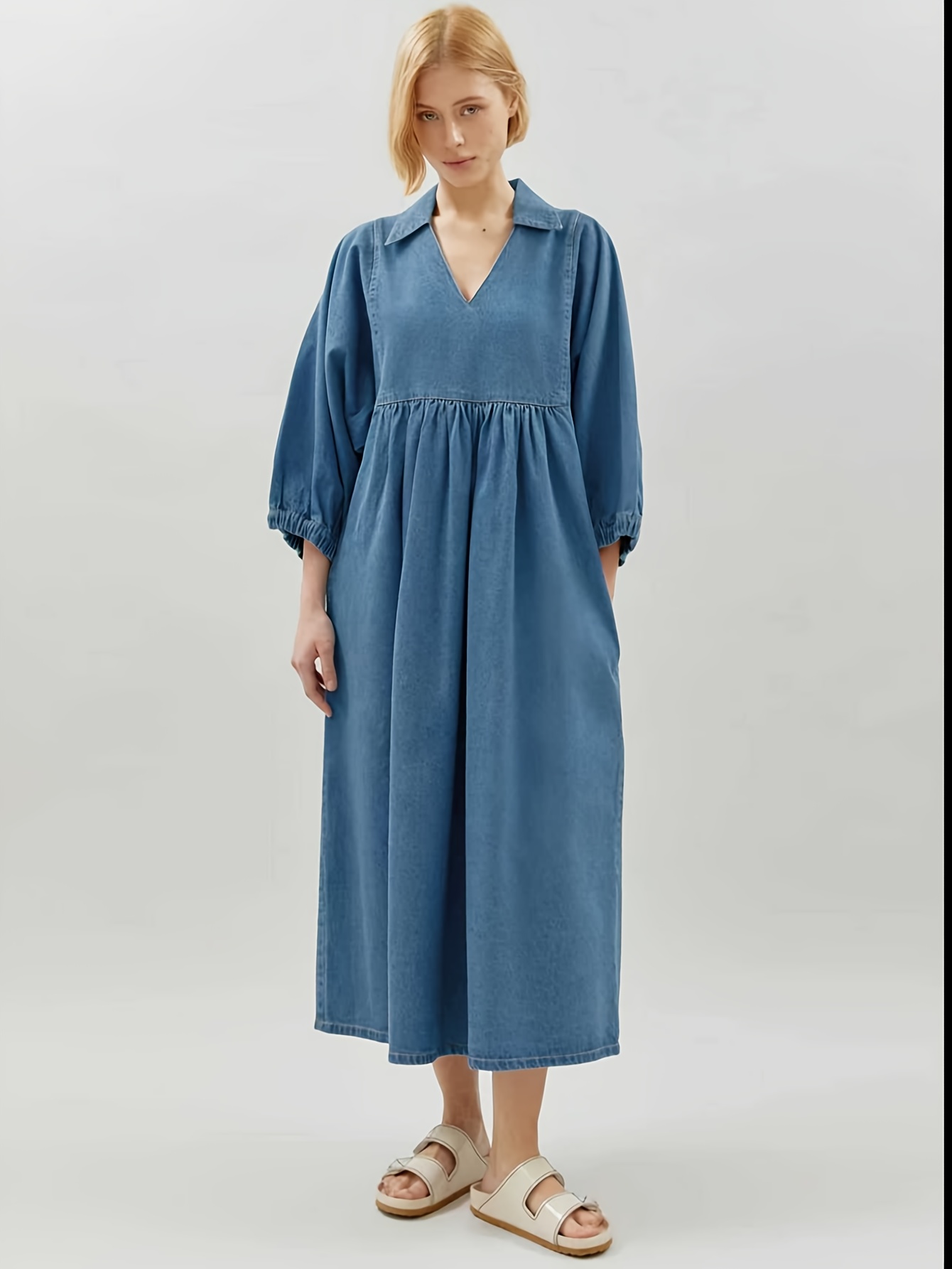 denim smock midi dress Blue Denim Zip Neck Midi Smock Dress