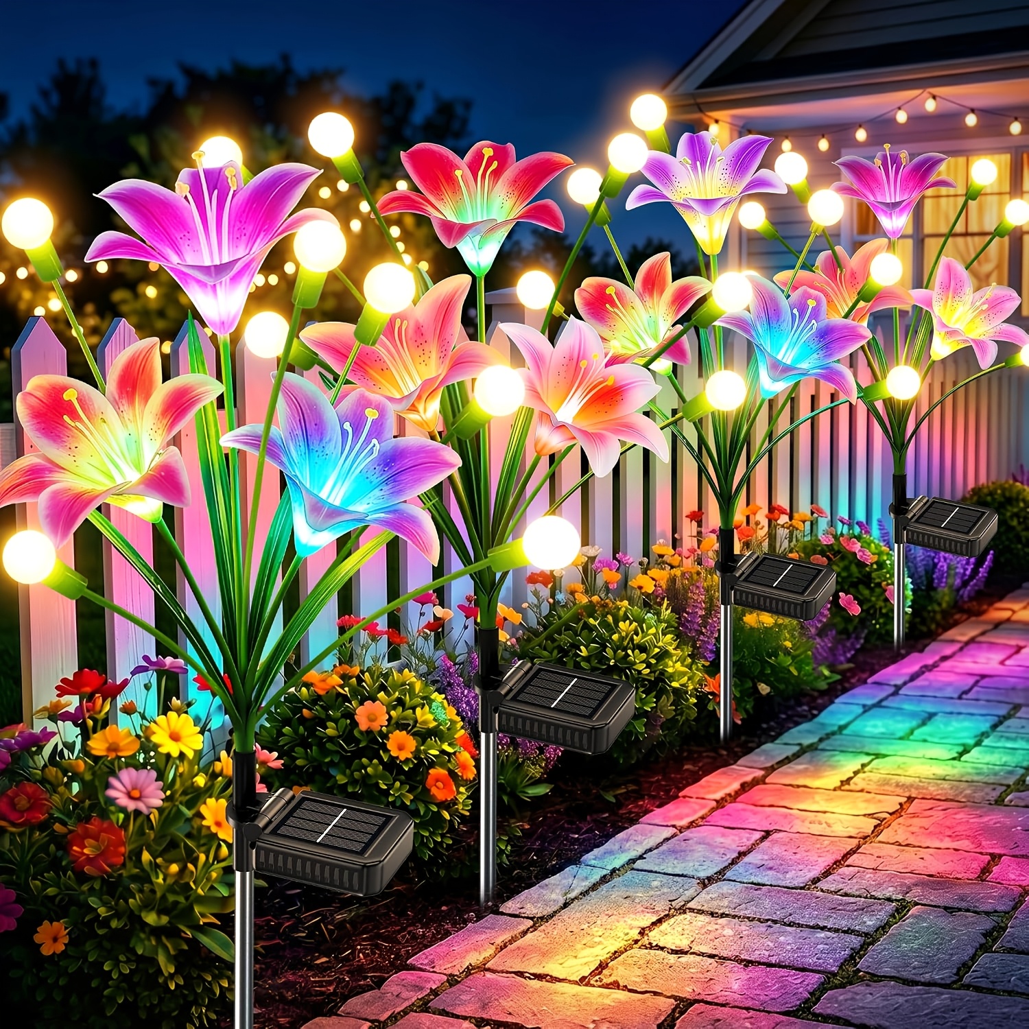 TEMU Outdoor Solar Lights, 2/4/8 Pack Solar Garden Light With 16 Bigger "7 Color Changing" Lily Flowers And 12 Led Glowing Orbs, Ipx5 Solar Lights