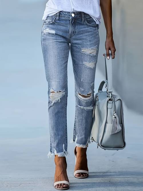 womens distressed design frayed stretch casual fashion versatile blue denim trousers wear