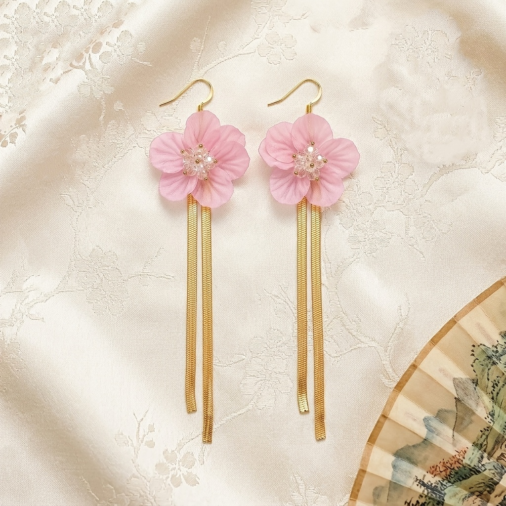 TEMU 1 Pair Pink Floral Tassel Earrings Sweet Golden Ear Hooks With 5- Flowers (center With Transparent Beads And Small ) Double-strand Snake Bone