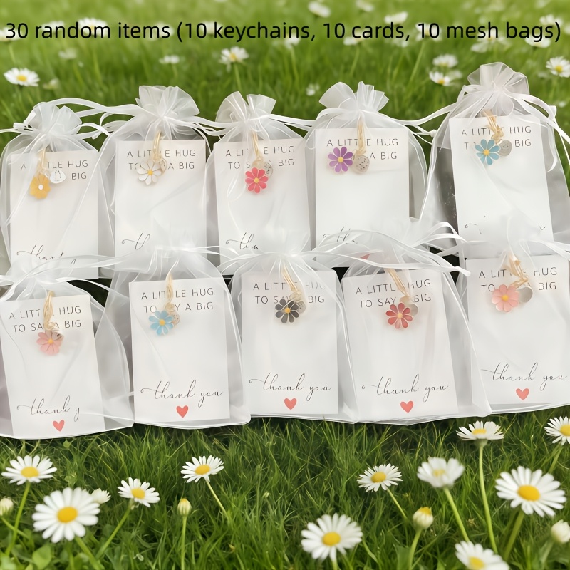 TEMU 30pcs Random Multicolor "thank You" Keychain Set - Includes 10 Keychains / 10 Card Papers / 10 Mesh Bags - Delicate Floral Hanging Ornaments For