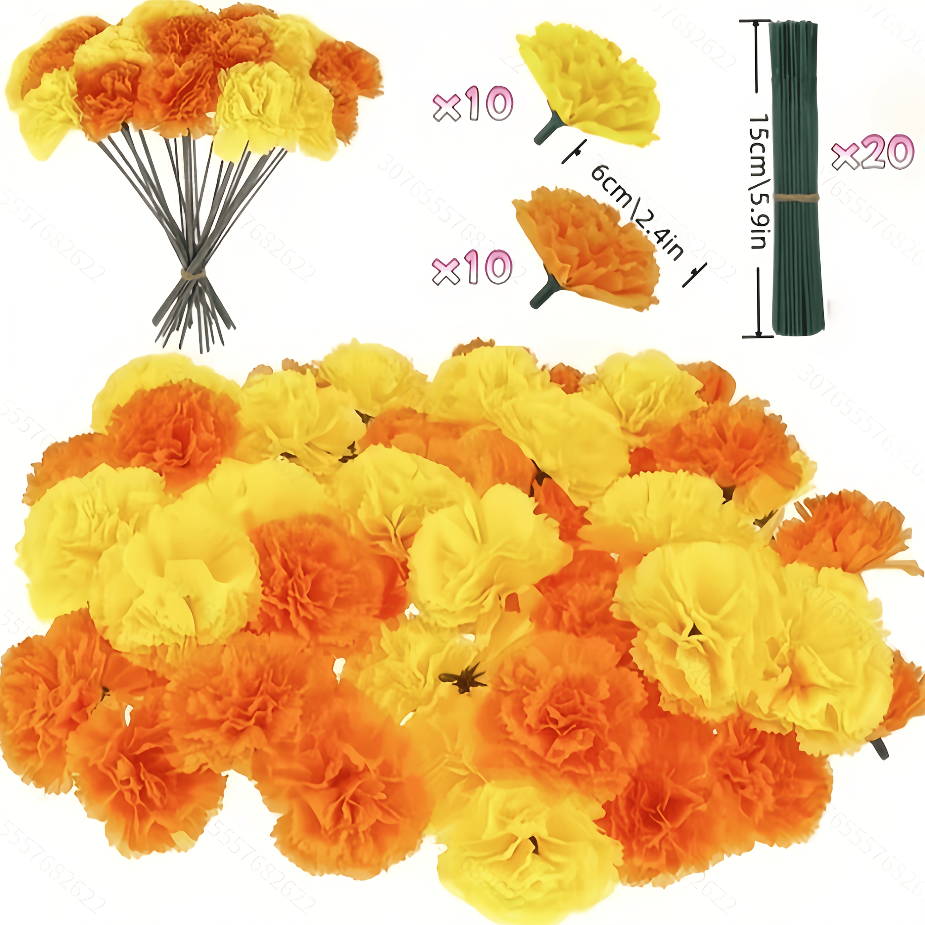 TEMU (20 Flower Heads And 20 Stems) Artificial Marigoldens - Vibrant Orange-yellow Fake Marigoldens, Suitable For , Halloween, Weddings, Altars,