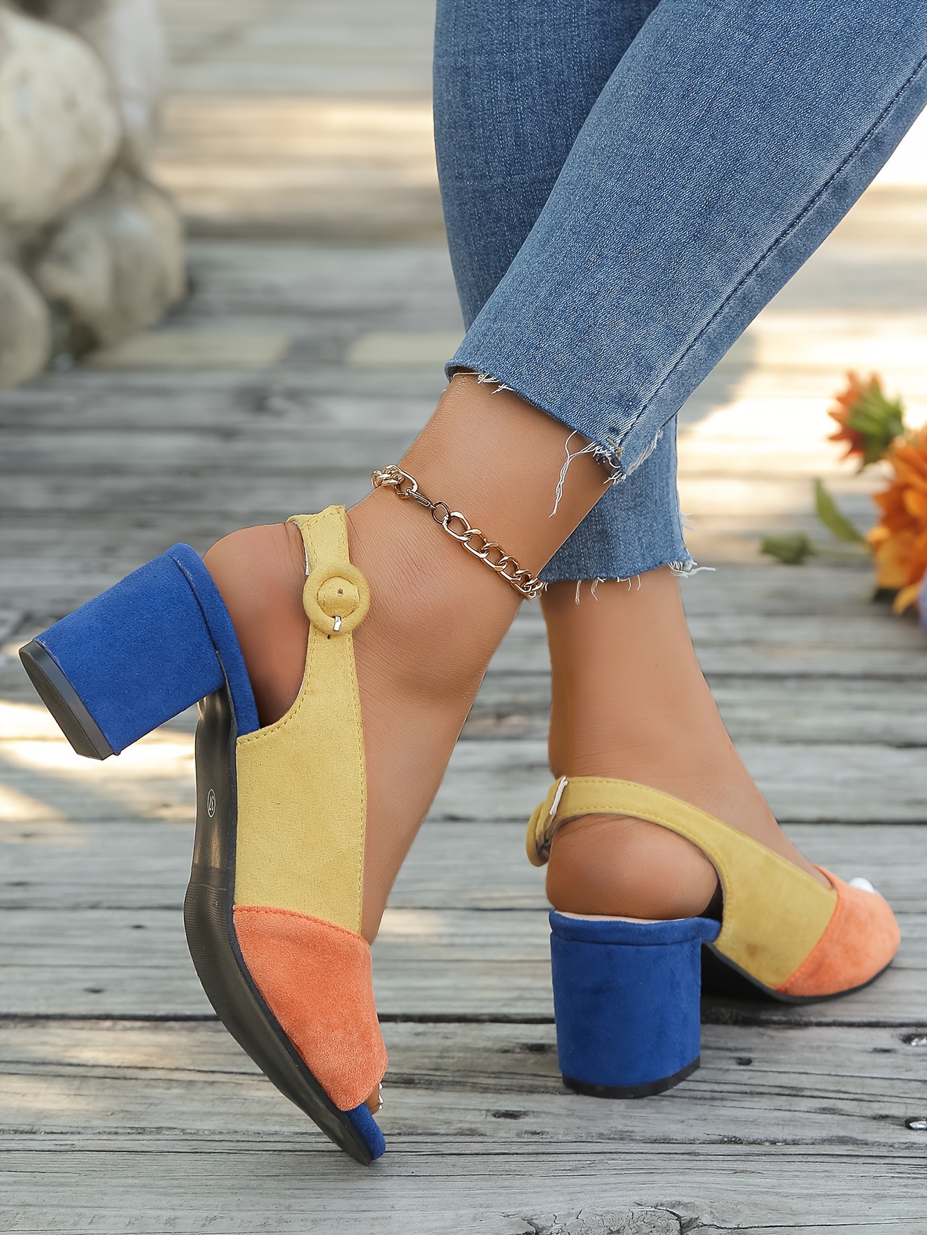 Women's Geometric Contrast Color Block Heel Sandals - Open Toe Ankle Strap with Buckle Closure, Cover Upper & Synthetic Cover Insole, High Block Heel for Casual & Party Wear, Casual Party Sandals | Buckle Strap Sandals | Rubber Sole Stability, High Heel Sandals