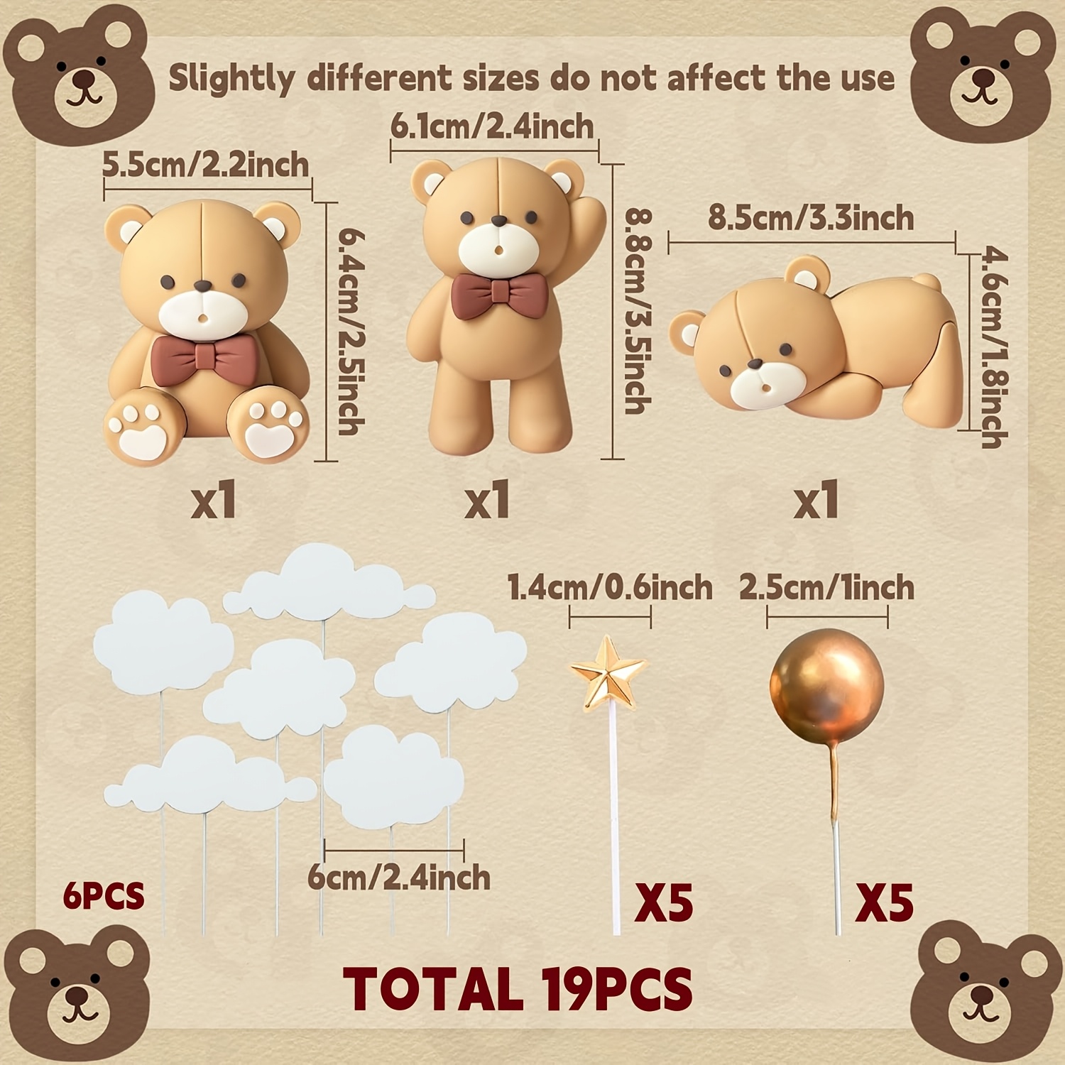 Image of Rgt 19pcs Luxury Beige Brown Bear Cake Decoration Beige Brown Balls Cake Topper Boho Cake Cake Decoration Gender Reveal Birthday Cake Decoration