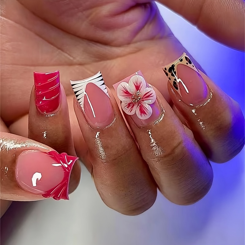 TEMU A Set Of 24 Short Square Press-on Fake Nails Featuring Trendy Hot Leopard Print, Elegant Black And , Gorgeous Floral Patterns, And Luxurious .