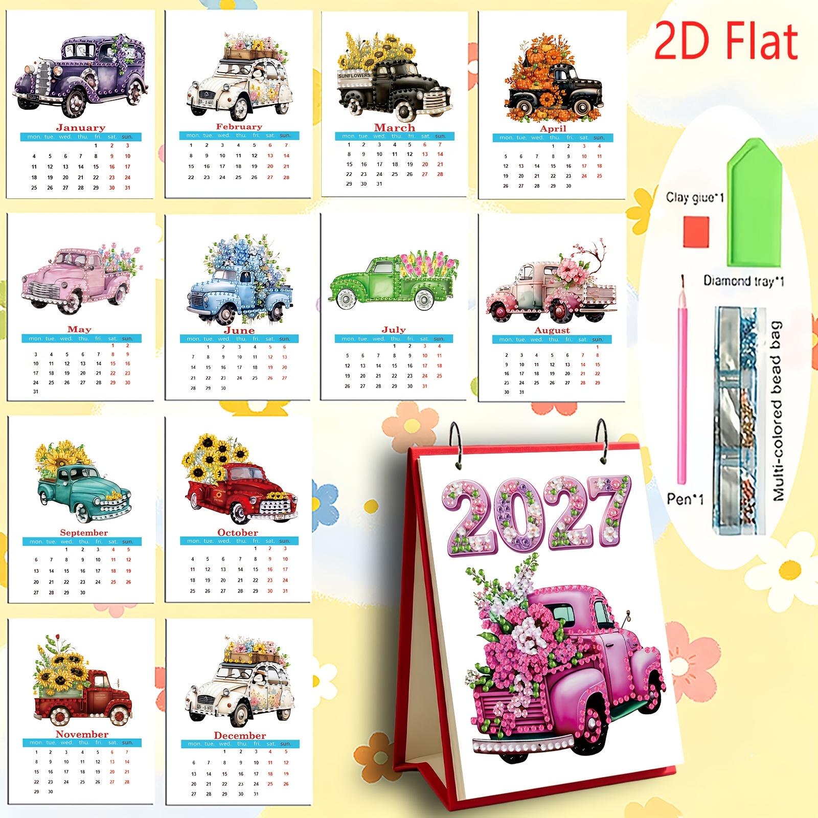 TEMU 1pc 2027 New 2d Car Floral Series Diamond Painting Diy Holiday Series Pattern Calendar, Desktop Calendar, Desk Calendar For School Desks, Office