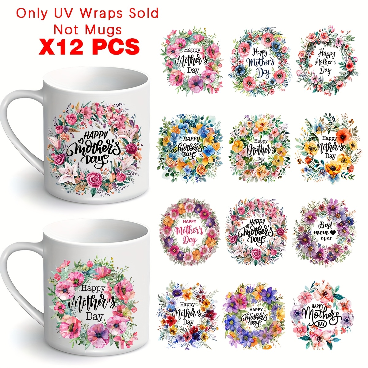 

12pcs Floral & Inspirational Quotes Uv Dtf Mug Decals, 3d Pvc Transfer Paper, Waterproof Reusable Cup Decor, Diy Craft Supplies, Perfect Day Gift For Women