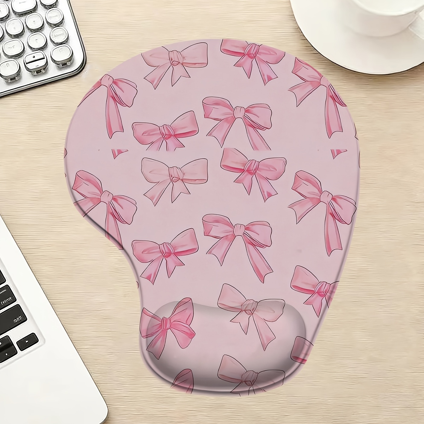 TEMU Silicone Wrist Rest Mouse Pad. Girly Bow Pattern Mouse Pad. Desk Mat And Mouse Pad Suitable For Office Work, Gaming, And Studying. Design: Light