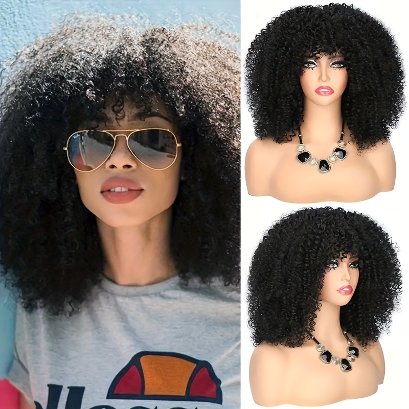 TEMU 16-inch Natural Black Afro Curly Wig With Bangs - Kinky Synthetic Hair For Women, Heat Resistant, #1b (), Versatile Hairstyle|curly Afro Wig|heat Resistant Wig