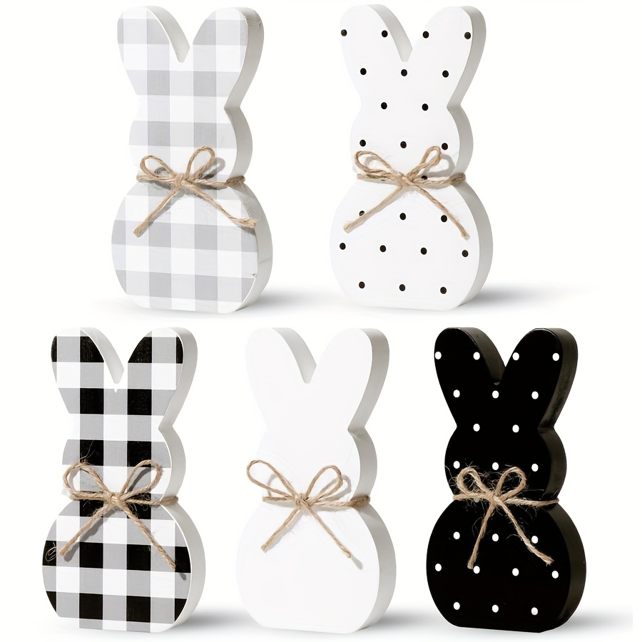 Image of Set Of 5 Wooden Easter Bunny Decorations With Polka Dot And Checkered Patterns, Home And Table Decor, Birthday Gifts, And Holiday Party Supplies.