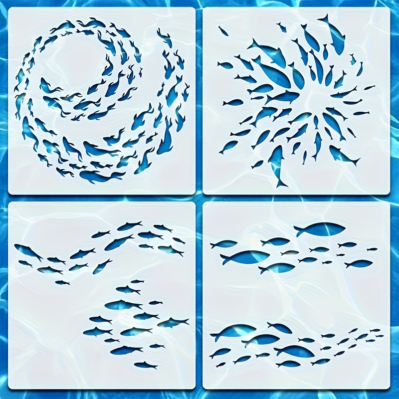 Image of 4pcs Reusable Plastic Off-frame Fish School Templates - 6-inch Suitable For Walls, Scrapbooking, Crafts | Color Ocean Animal Shapes With Fish,, Tuna, For Home Decor & Painting