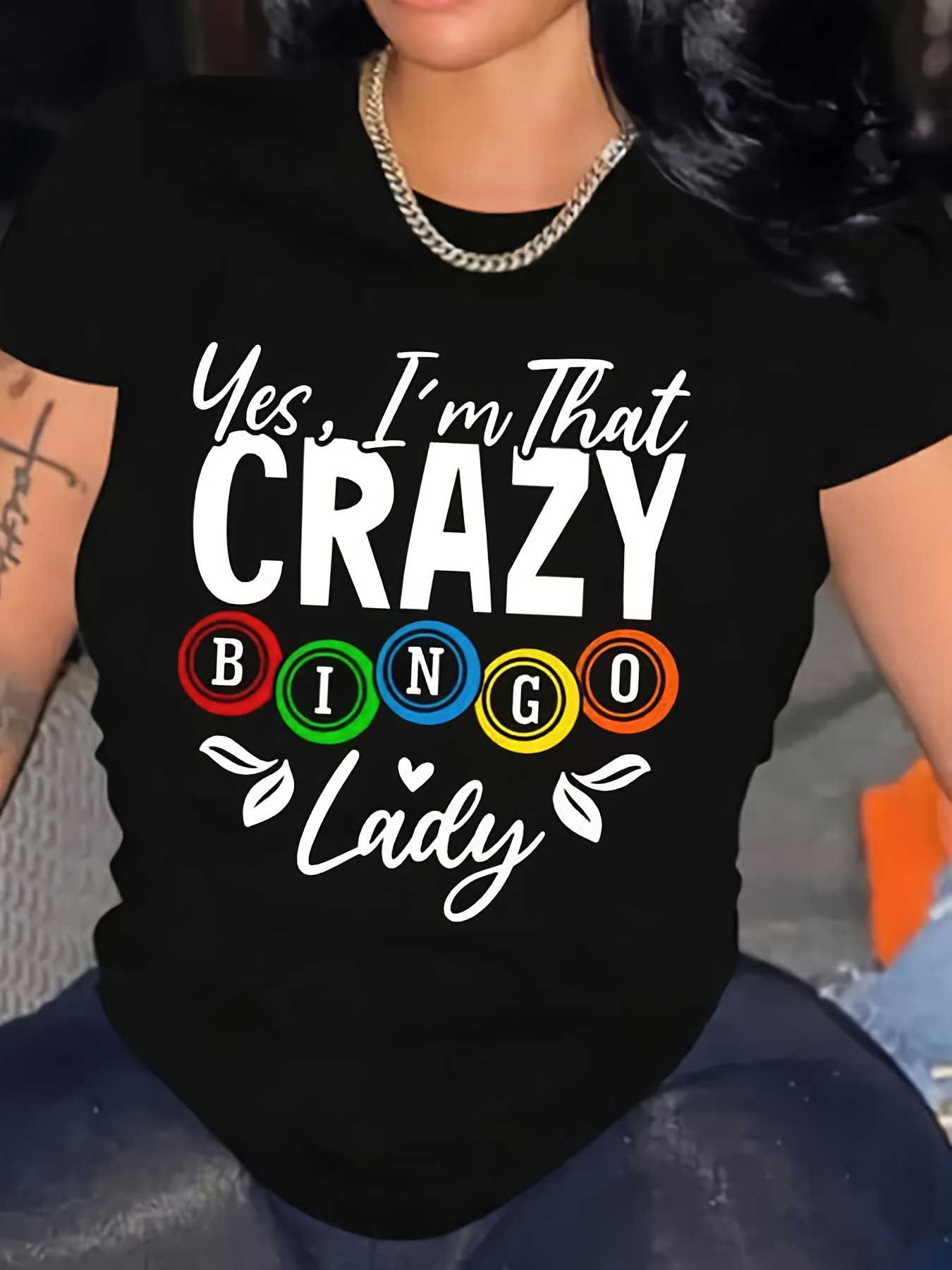 Women's 'Yes I Am That Crazy Bingo Lady' Pattern T Shirt Soft Breathable Comfortable Fit Round Neck Top with Colorful Bingo Print And Leaf Design Machine Washable Casual Wear HumorousBreathable, Sweat-wicking, and Soft, Suitable for Daily Commutes
